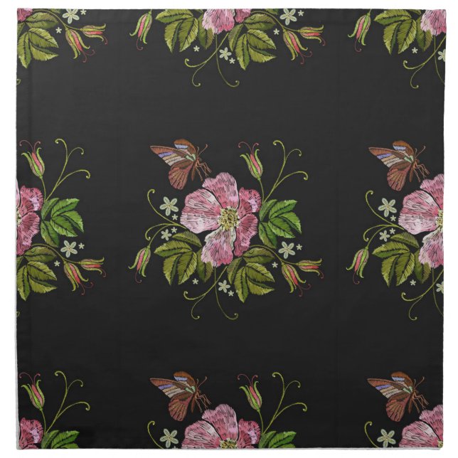 Elegant Floral Embroidery Pattern Black Background Cloth Napkin (Front)