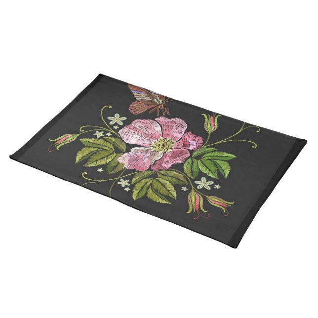 Elegant Floral Embroidery Pattern Black Background Cloth Placemat (On Table)