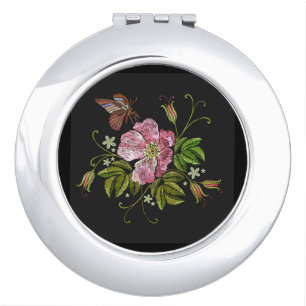 Elegant Floral Embroidery Pattern Black Background Compact Mirror