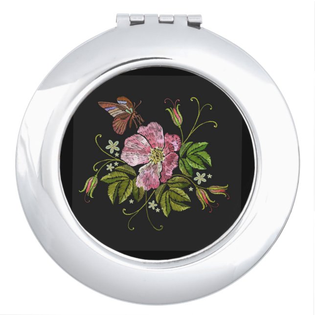 Elegant Floral Embroidery Pattern Black Background Compact Mirror (Front)