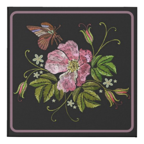 Elegant Floral Embroidery Pattern Black Background Faux Canvas Print