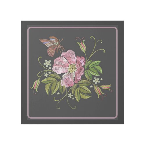 Elegant Floral Embroidery Pattern Black Background Gallery Wrap