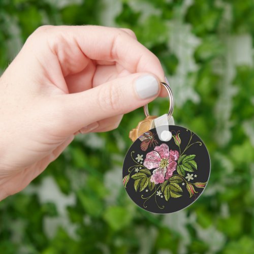 Elegant Floral Embroidery Pattern Black Background Keychain