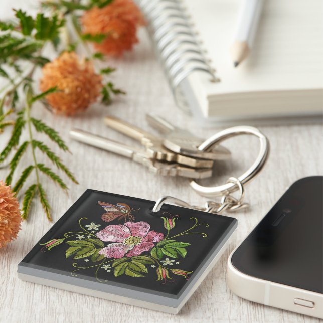 Elegant Floral Embroidery Pattern Black Background Keychain (Front Right)