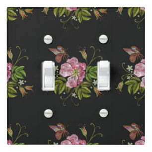 Elegant Floral Embroidery Pattern Black Background Light Switch Cover