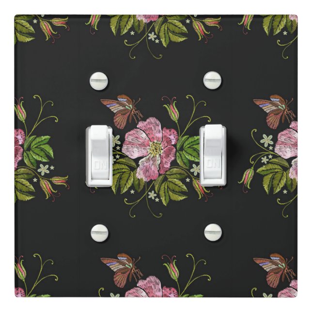 Elegant Floral Embroidery Pattern Black Background Light Switch Cover (In Situ)