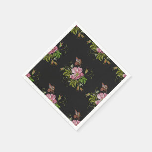 Elegant Floral Embroidery Pattern Black Background Napkins