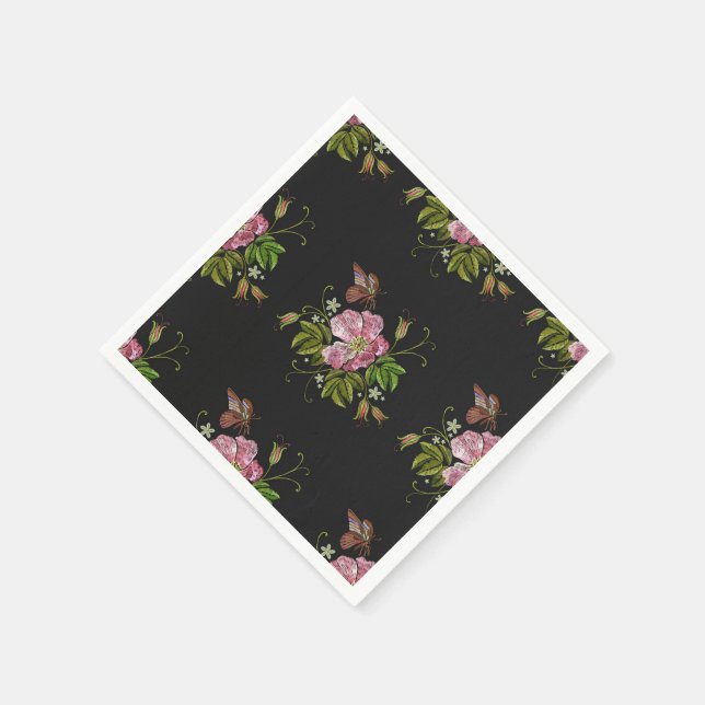 Elegant Floral Embroidery Pattern Black Background Napkins (Corner)