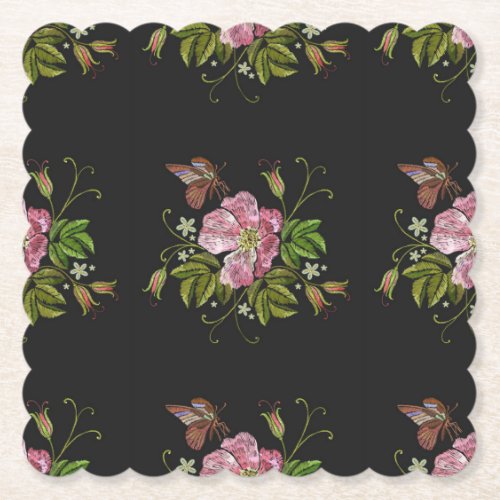 Elegant Floral Embroidery Pattern Black Background Paper Coaster