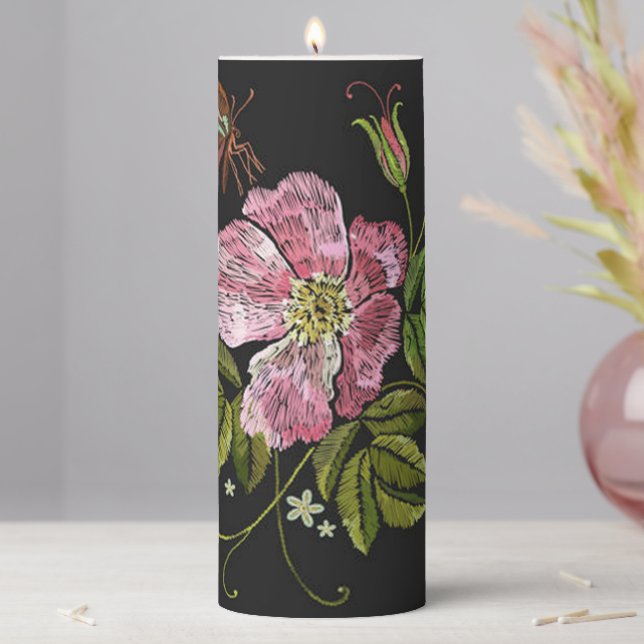 Elegant Floral Embroidery Pattern Black Background Pillar Candle (In Situ)