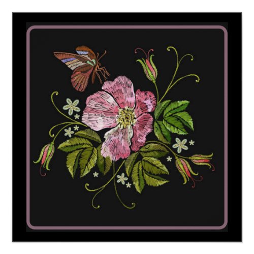 Elegant Floral Embroidery Pattern Black Background Poster