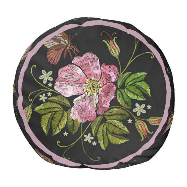 Elegant Floral Embroidery Pattern Black Background Pouf (Top)
