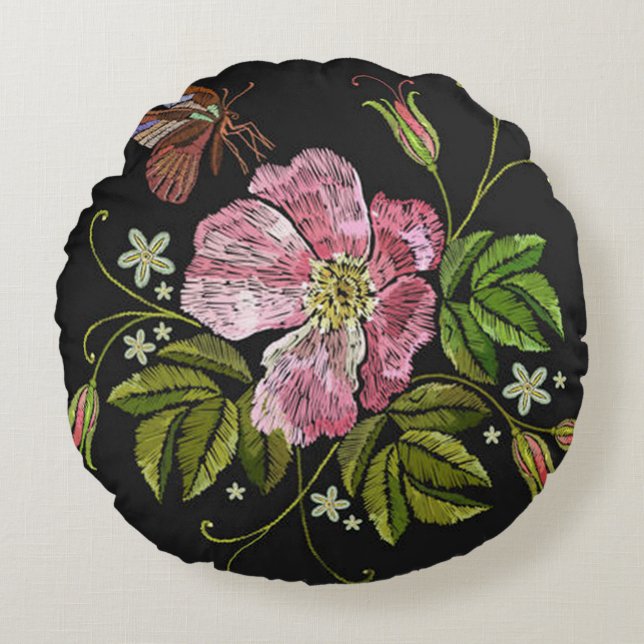 Elegant Floral Embroidery Pattern Black Background Round Pillow (Front)
