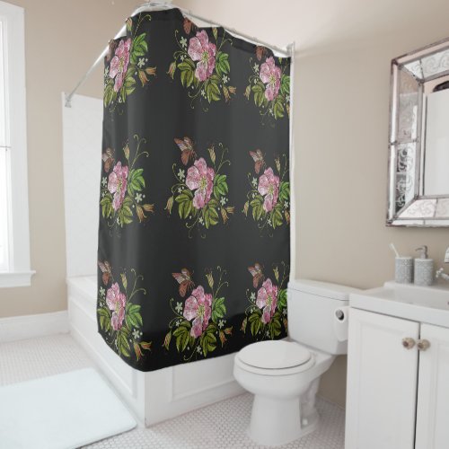 Elegant Floral Embroidery Pattern Black Background Shower Curtain