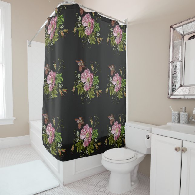 Elegant Floral Embroidery Pattern Black Background Shower Curtain (In Situ)