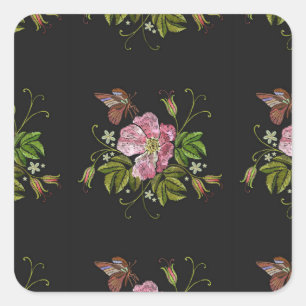 Elegant Floral Embroidery Pattern Black Background Square Sticker