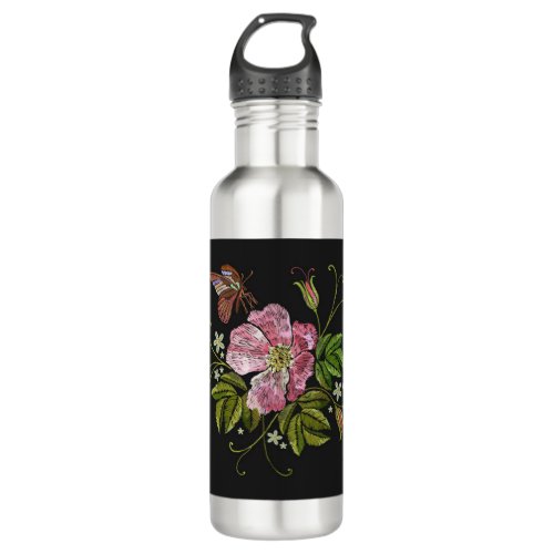 Elegant Floral Embroidery Pattern Black Background Stainless Steel Water Bottle