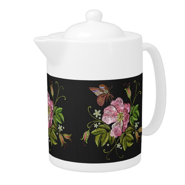 Elegant Floral Embroidery Pattern Black Background Teapot (Right)
