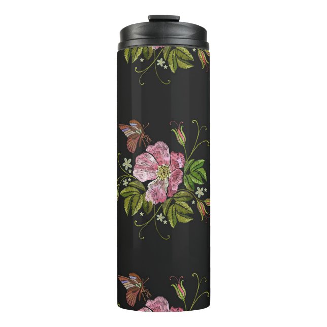 Elegant Floral Embroidery Pattern Black Background Thermal Tumbler (Front)