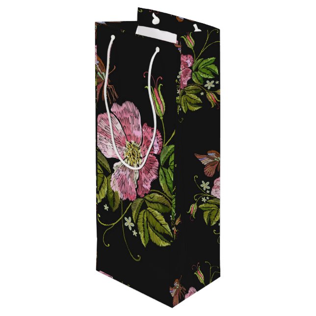 Elegant Floral Embroidery Pattern Black Background Wine Gift Bag (Back Angled)