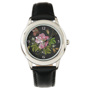 Elegant Floral Embroidery Pattern on Black Backgro Watch