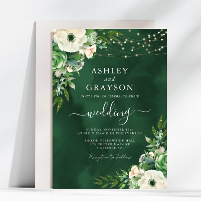 Elegant Floral Emerald Green and Cream Wedding Invitation (Creator Uploaded)