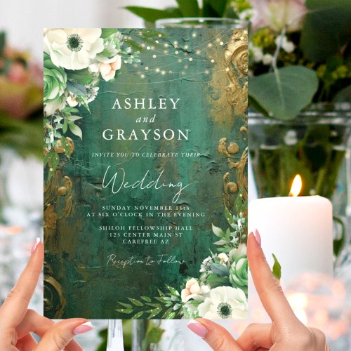 Elegant Floral Emerald Green and Gold Wedding Invitation