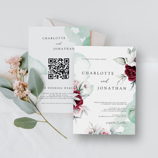 Elegant Floral Emerald Green & Burgundy Wedding Invitation (Creator Uploaded)