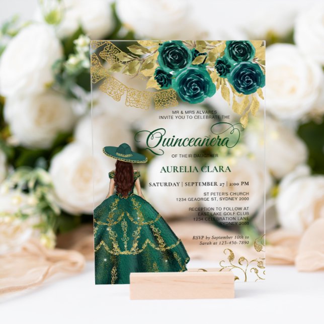 Elegant Floral Emerald Green Charra Quinceañera Acrylic Invitations (Creator Uploaded)
