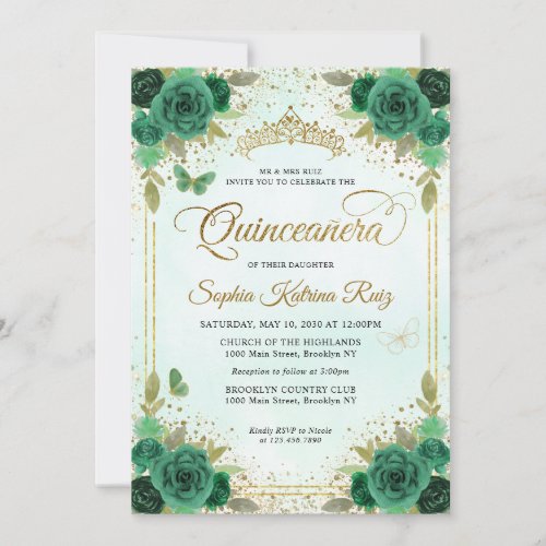 Elegant Floral Emerald Green Glam Gold Quinceaera Invitation