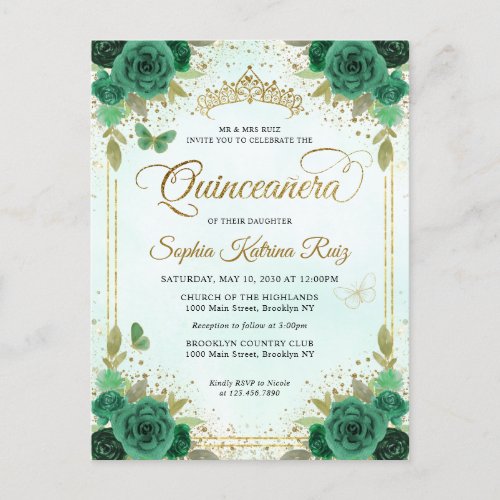 Elegant Floral Emerald Green Glam Gold Quinceaera Postcard
