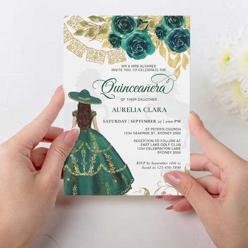 Elegant Floral Emerald Green Horse Quinceaera Invitation