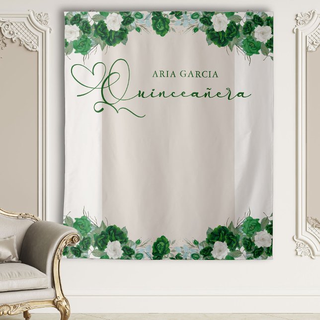 Elegant Floral Emerald Green Quinceanera Backdrop (Quinceanera Backdrop from the Royal Rose Emerald Green Quinceanera Collection by Darling & May)
