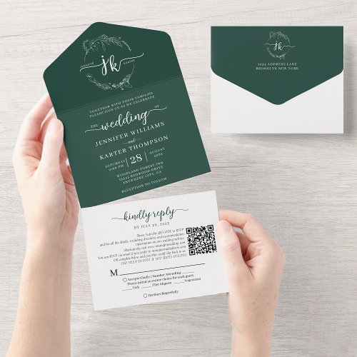 Elegant Floral Emerald Monogram QR Code Wedding All In One Invitation