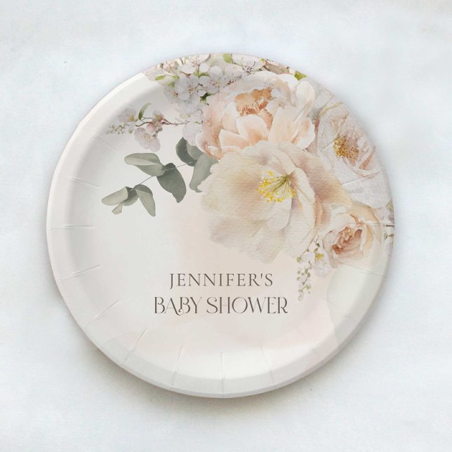 Elegant Floral Eucalyptus Baby Shower Paper Plates (Creator Uploaded)