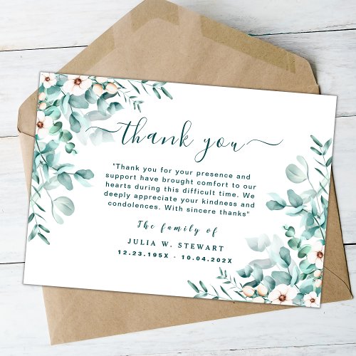 Elegant Floral Eucalyptus Funeral Thank You Note Card