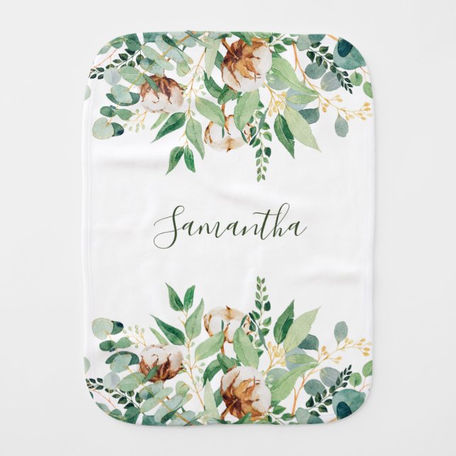 Elegant Floral Eucalyptus Greenery Baby Burp Cloth (Front)