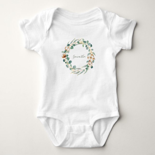 Elegant Floral Eucalyptus Greenery Baby Shower Baby Bodysuit (Front)