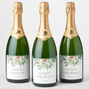 Elegant Floral Eucalyptus Greenery Baby Shower Sparkling Wine Label