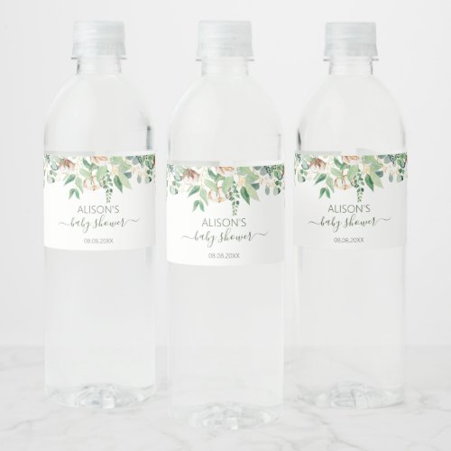 Elegant Floral Eucalyptus Greenery Baby Shower Water Bottle Label