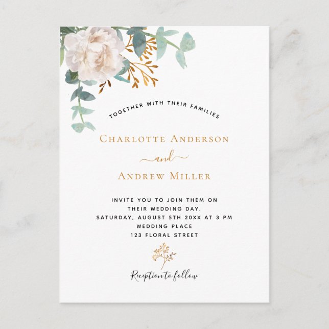 Elegant floral eucalyptus greenery modern wedding postcard (Front)