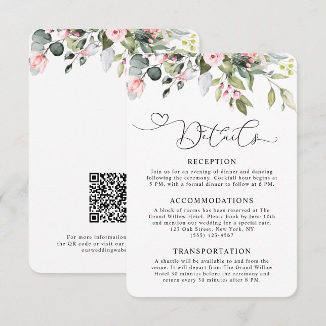 Elegant Floral Eucalyptus Greenery QR Code Wedding Enclosure Card (Front/Back)