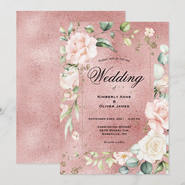 Elegant Floral Eucalyptus Pink Metallic Wedding Invitation (Front/Back)