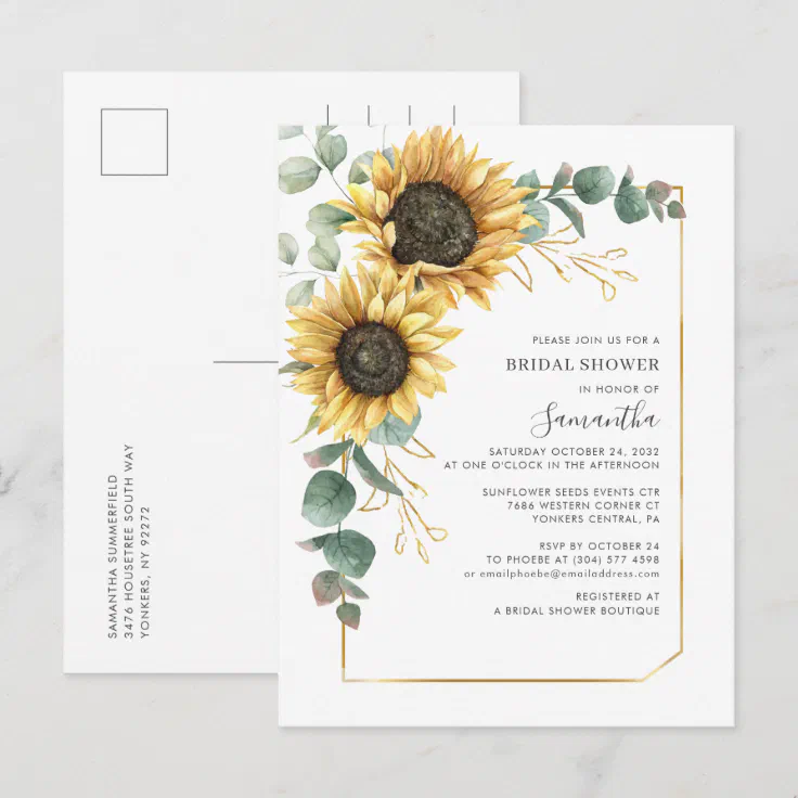 Elegant Floral Eucalyptus Sunflower Bridal Shower Invitation Postcard