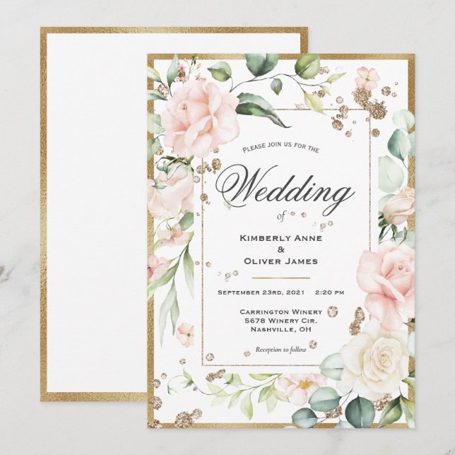 Elegant Floral Eucalyptus Watercolor Pink Wedding  Invitation (Front/Back)