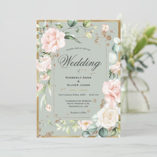 Elegant Floral Eucalyptus Watercolor Pink Wedding Invitation