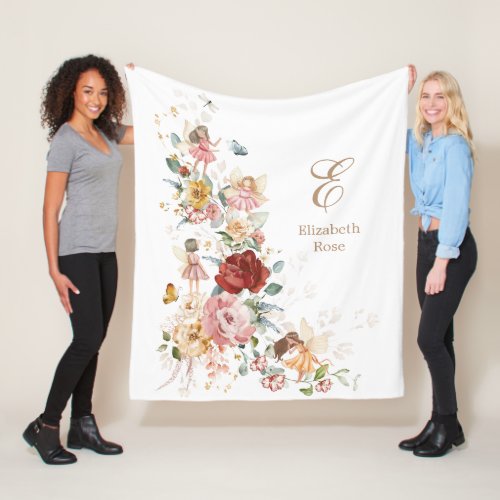 Elegant Floral Fairy Garden Monogram Girl Nursery Fleece Blanket