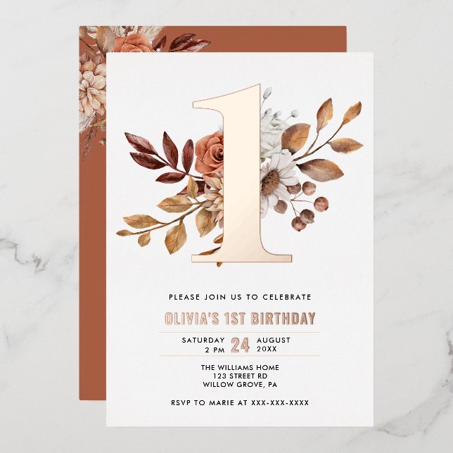 Elegant Floral Fall  1st Birthday Foil Invitation (Front/Back)