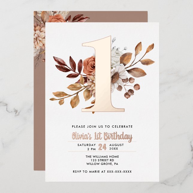 Elegant Floral Fall  1st Birthday Foil Invitation (Front/Back)