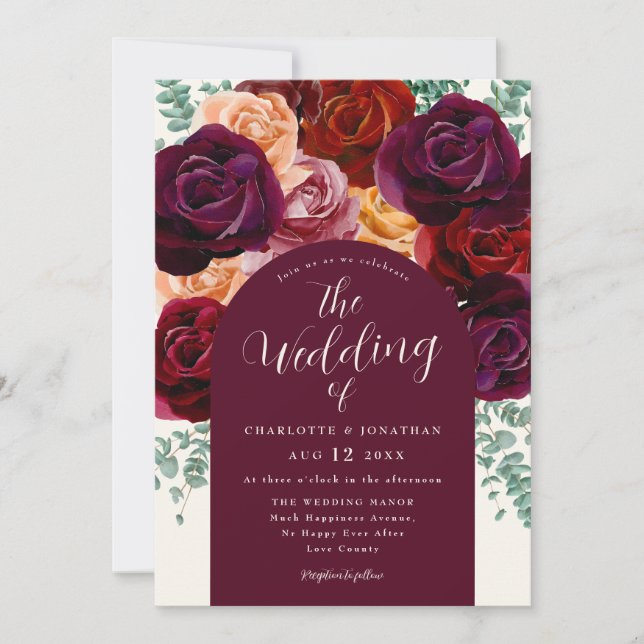 Elegant Floral Fall Burgundy Burnt Orange Wedding Invitation (Front)